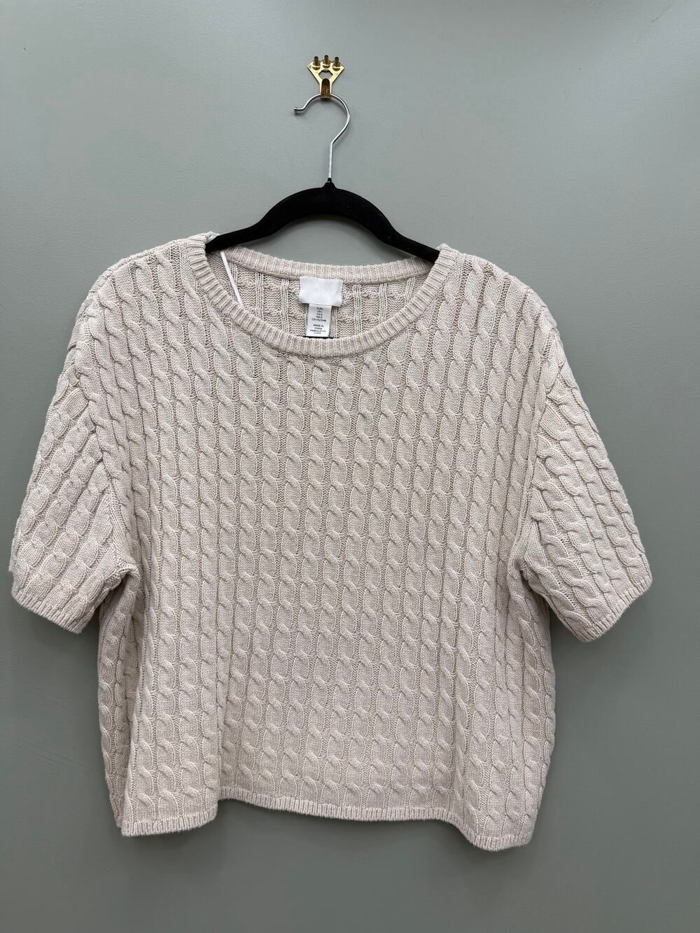 H&M Cable Knit Short Sleeve Sweater Beige Cotton Blend Fisherman